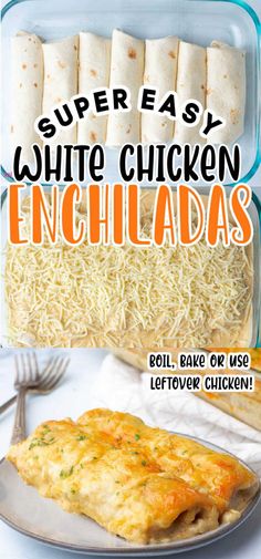 an advertisement for white chicken enchiladas on a plate