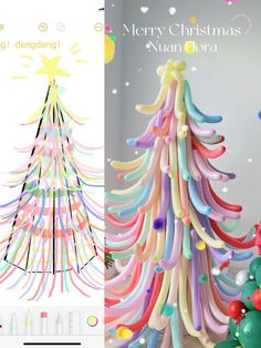 a christmas tree made out of balloons and streamers