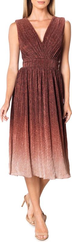 Dress the Population Ellery Shimmer Ombré Midi Cocktail Dress | Nordstrom Brown Knee-length Midi Dress For Parties, Luxury Brown Cocktail Midi Dress, Party-ready Shimmer Sequin Dress For Cocktail, Elegant Midi-length Dress With Crinkle Texture, Brown V-neck Midi Dress For Cocktail, Cocktail Dress Nordstrom, Dress The Population, Midi Cocktail Dress, Textured Fabric