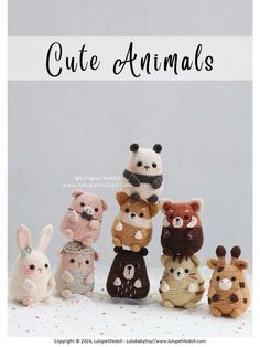 crocheted animals are lined up in rows with the words cute animals written above them