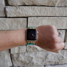 "Love your Apple Watch but want more style than the sport band? Dress up your Apple Watch for a formal or dressy occasion with this lovely beaded Turquoise glass bead stretch bracelet attachment with included adapters (All Series of Apple Watches Available). You can even pick your adapter/hardware color! Choose from gold, silver, pink gold or black. With a push of the buttons on the back of your watch, you just slide out that sport band and then insert both adapters into your watch. Then, just l Trendy Gold Beaded Watch Bands, Trendy Beaded Gold Apple Watch Band, Trendy Gold Beaded Apple Watch Band, Adjustable Gold Beaded Watch Bands, Apple Watch Bracelet Band, Apple Watch Cuff, Apple Watch Bracelet, Apple Watch Bracelets, Smart Jewelry