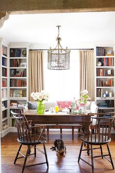 a dog laying on the floor in front of a table with chairs and bookshelves