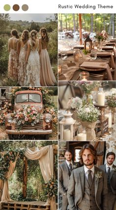 a collage of wedding photos with an old truck