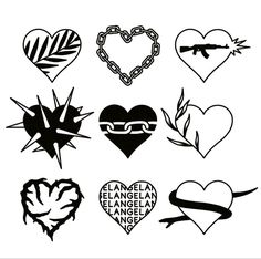 various heart tattoos are shown in black on a gray background with the word love written below them