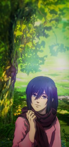 an anime character standing in front of a tree with his hand on his chin and looking at the camera