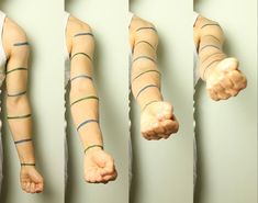 four different angles of a person's arm with multiple strips on the arm and wrist