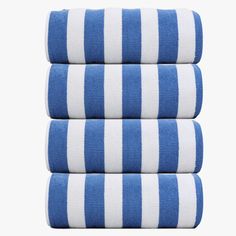 three blue and white striped towels stacked on top of each other in front of a white background