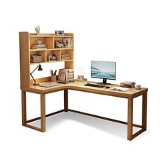 a wooden desk with a computer monitor and bookshelf in front of it on an isolated white background