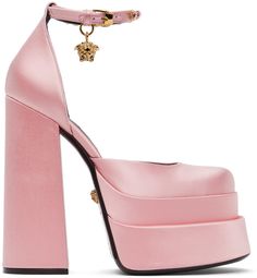 Satin heels in pink. · Square toe · Ankle strap featuring crystal-cut detailing and signature Medusa charm · Logo embossed at black grained calfskin footbed · Covered block heel and platform midsole · Signature Medusa hardware at calfskin outsole · Approx. 5 heel; 2.25 platform Supplier color: Candy/Gold Pink Medusa, Versace Pumps, Versace Heels, Pink Platform Heels, Butterfly Heels, Western Outfits Men, Color Candy, Versace Pink, Pink Platforms