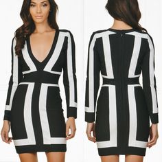 An Effortlessly Chic And Sexy Statement Dress! It's One Of Those Timeless Hot Pieces That Combine Elegance And Edge. Comes In A Bold Color Block Black And White Pattern That Looks Amazing In Any Light, With Any Skin Tone. Designed With A Sexy Deep V-Neck, A Bodycon Silhouette That Molds Your Body Into An Hourglass Shape, Long Sleeves, Paneled Construction, And Zipper Closure On The Back. It Will Look Amazing Styled With Barely-There Heels And A Mini Clutch. Made From Soft And Stretchy Material ( Jordan Dress, Brandy Melville Dress, Fringe Mini Dress, Spaghetti Strap Mini Dress, Hourglass Shape, Knitted Bodycon Dress, Black And White Pattern, Statement Dress, Flare Mini Dress