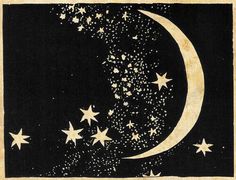 a black and white painting with stars in the night sky above it is a crescent moon