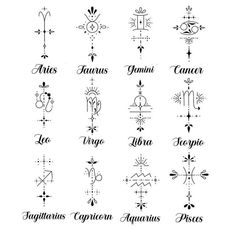 the zodiac signs and their meanings are shown in black ink on a white paper background