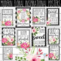 pink flowers and green leaves are featured in this set of floral printable poster frames