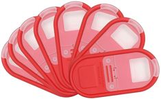 six red plastic containers with lids on each side and one empty container in the middle