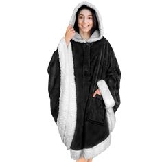 PRICES MAY VARY. 100% Polyester Imported WEARABLE BLANKET WOMEN WITH HOOD: This black sherpa hooded blanket poncho for women is designed to be worn as a poncho or draped over your shoulders like a shawl so you can feel relaxed, comfortable, and warm anytime and anywhere. Be cozy in style with our hooded angel wrap blanket poncho with pockets so you can lounge at home, on your sofa, couch, chair, for watching tv, reading, studying, or napping. Also great for outdoor activities, camping, sporting Hood Hat, Blanket Poncho, Cozy Wrap, Poncho Wrap, Plaid Sleeve, Cape Jacket, Hoodie Blanket, Great Gifts For Women, Casual Outerwear