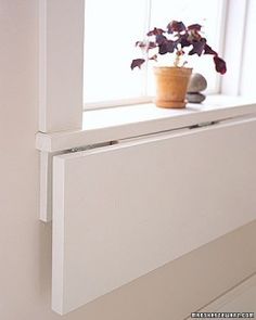 a white radiator in front of a window next to a potted plant