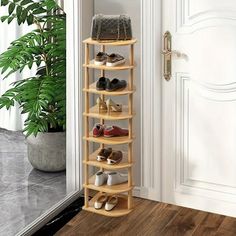 a wooden shoe rack in front of a door