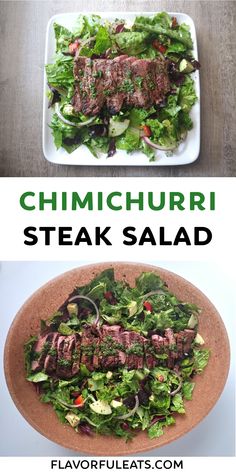 steak salad with lettuce and red peppers on the side