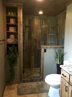 a bathroom with a toilet and shower in it