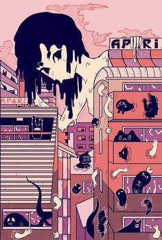 an illustration of a city with lots of buildings and cats on the roof, in front of a pink sky