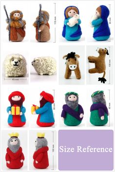 several stuffed animals are shown in different sizes and colors, with the text size reference below them