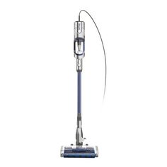 a blue and silver vacuum on a white background