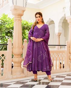 Kurta Pant Set Anarkali Style with Bandhej Modal - Violet - www.riafashions.com Kurta Pant Set, Anarkali Kurta, Work Suits, Online Shopping India, Kurta With Pants, Silk Dupatta, Suit Set, Pant Set, Lining Fabric