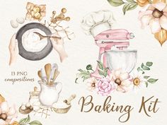 watercolor baking clipart set with flowers and kitchen utensils on white background