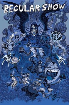 the cover to regular show, which features an image of people surrounded by demonic creatures