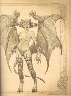 a pencil drawing of a demon with wings