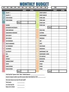 a printable budget sheet with the words, money and savings on it's side