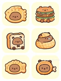 four different types of toasted breads with cartoon animals on them, and one has a sandwich in the shape of a bear