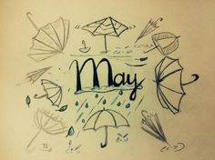 the word may surrounded by umbrellas and rain drops