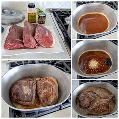 four pictures show how to cook steak in a skillet with sauce and seasonings