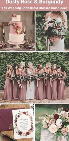 a collage of photos with flowers and bridesmaid's bouquets on them