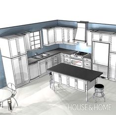 a drawing of a kitchen with white cabinets and black counter tops on the center island