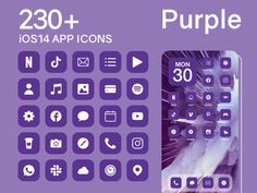 the purple icon pack includes icons, buttons, and other things to do with your phone