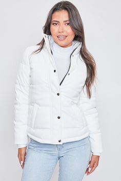 Give your Winter wardrobe a chic update with our Pleather Puffy Jacket. Feel confident while you keep warm in this trendy 100% faux leather jacket. Designed with quilted puffer construction. Featuring a mock neck, front zip closure with snap buttons, and slash pockets. Lined with faux fur to keep you extra warm and cozy! Pair this jacket with a knit sweater, jeans, and booties for a chic and edgy look, or wear with your favorite yoga pants and sneakers for a sporty vibe! Product Details- Zipper Sweater Jeans, Classic Corvette, Ymi Jeans, Camo Girl, Reversible Jacket, Puffy Jacket, Faux Leather Jacket, Fur Hood, Edgy Look