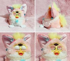 four different pictures of a stuffed animal with glasses on it's head and ears