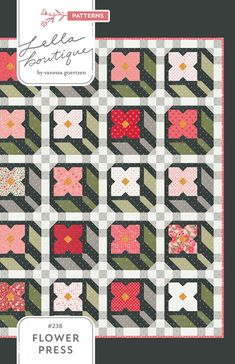 the flower press quilt pattern is shown in pink, green and grey colors with bows