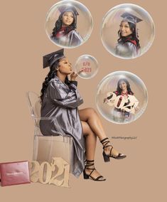 a woman sitting on top of a chair in front of bubbles with images of graduates