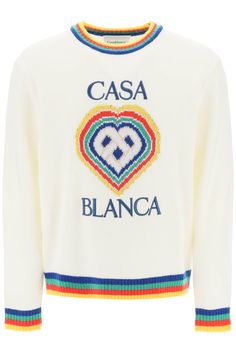 95% Wool, 5% Polyamide Knit Edge, Heart Motif, Heart Sweater, Rainbow Heart, Wool Knit, Wool Blend Sweater, Logo Embroidery, Silk Shirt, Casablanca