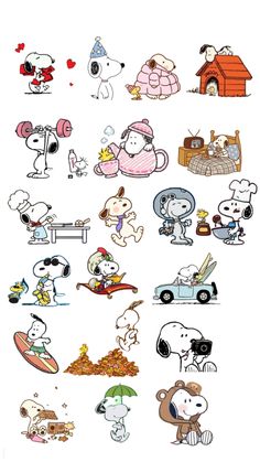 an image of many different cartoon characters on a white background, including dogs and cats