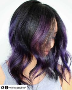 Purple Highlights On Black Hair, Blackberry Hair, Purple Highlights Brown Hair, Dark Hair Colors, Purple Brown Hair, Highlights On Black Hair, Purple Hair Highlights, Black Hair Salons, Purple Balayage