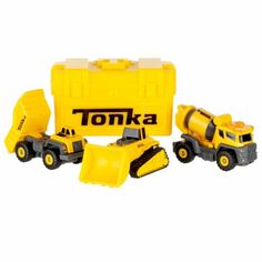 a yellow toy truck next to a plastic tool box filled with construction equipment on a white background