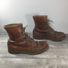 "Up on ETSY for buy it now is a pair of good condition, Vintage Wood N Stream by Weinbrenner Brown Leather Women's Work Lace Up Soft Toe Boots. Very thick and sturdy boots with great patina. Size 8.5. Leather uppers. Rubber soles. From smoke-free home. Clean inside and out. Very well built and sturdy. Approximate Outside Dimensions: 11.25 inches heel to toe by 3.75 inches across the ball of footwear by 1 inches tall heels by 7.75 inches tall.  Please check out the pictures. If you need more pictures or information regarding the item, please send them to me. Please keep in mind that all of my items are vintage, gently used, unless otherwise indicated in the listing. Like what see out of my listings, check us out and \"Like\" us on Facebook under \"Tyjahn\" for pics of our NEWEST picks. Than Sturdy Leather Work Boots, Rugged Work Boots With Leather Lining, Rugged Work Boots With Leather Lining For Workwear, Vintage Round Toe Work Boots, Vintage Work Boots With Round Toe, Tall Heels, Womens Booties, Booties Ankle Boots, Toe Boots