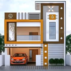 an orange car is parked in front of a modern style house with white and brown trim