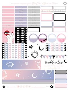 the pink and blue planner stickers are arranged on top of each other, with different shapes