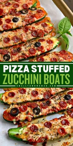 pizza stuffed zucchini boats with basil and pepperoni on top, sitting on a baking sheet