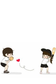 two girls are playing with a baseball bat and ball while one girl is holding a heart